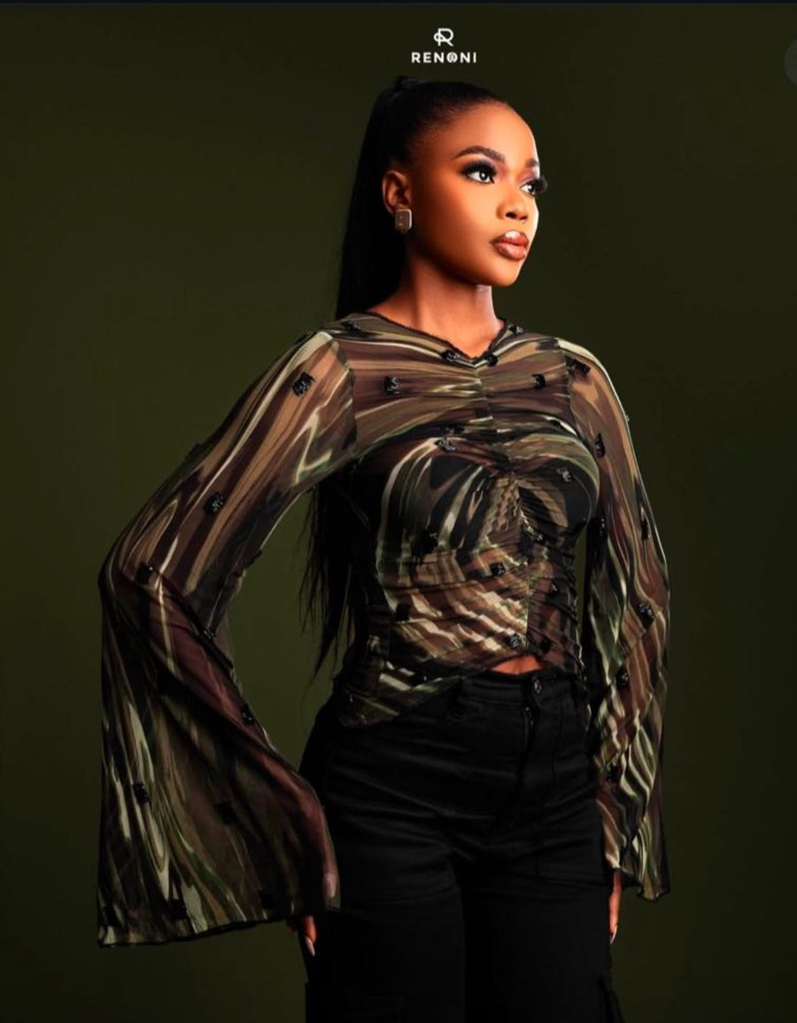 Renoni Jackie Blouse in Dark Green Mixed Print