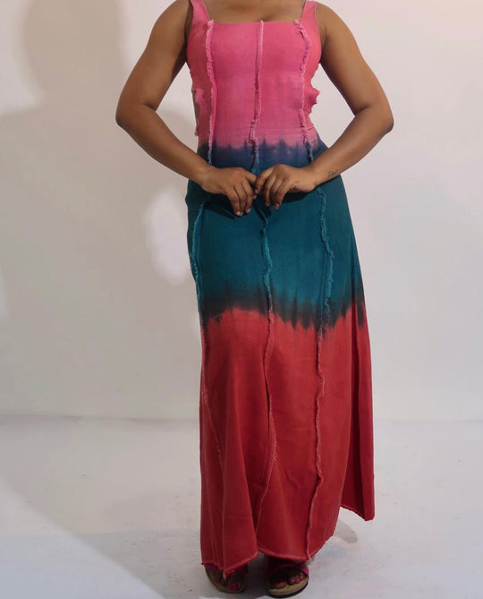 Capri Copper Green and Burgundy Linen Dress